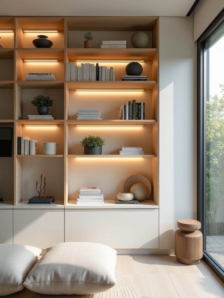 Modern living room bookshelf with warm under-shelf LED lighting.