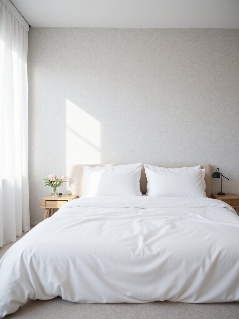 Modern bedroom with subtle gray diamond geometric wallpaper creating a calming atmosphere.
