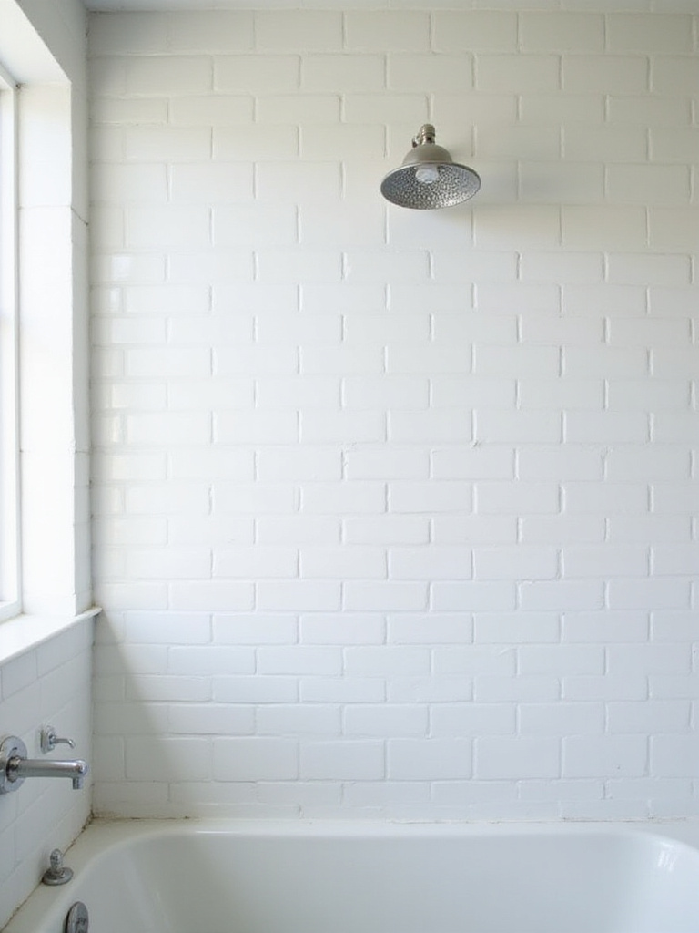 Modern bathroom with white subway tile walls and light gray grout.