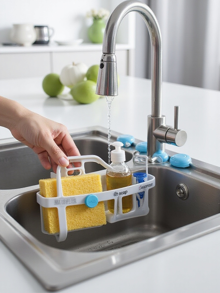Suction cup kitchen sink organizers holding sponge, soap, and brush