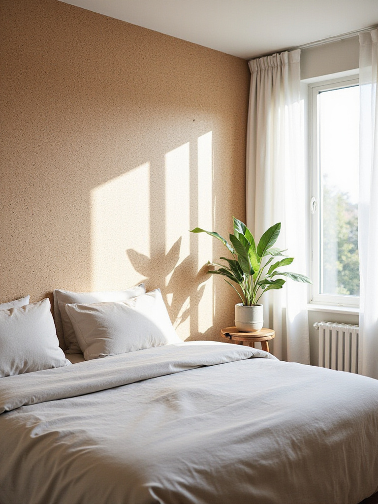 Modern bedroom with sustainable cork wallpaper