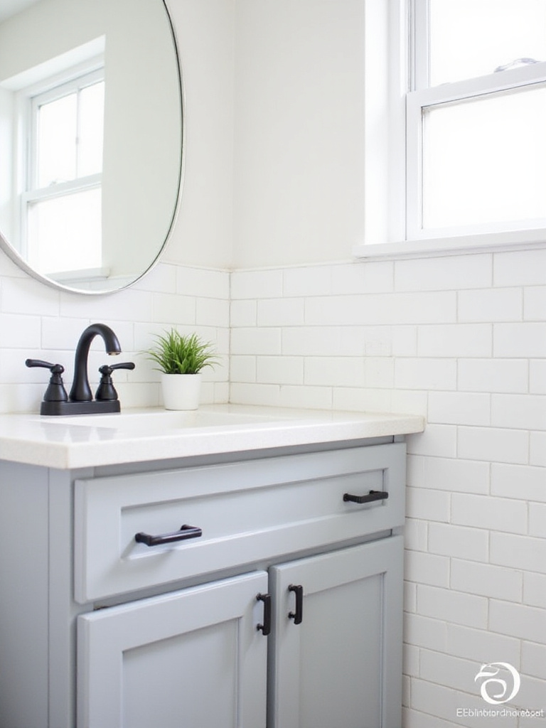 Small bathroom vanity with updated matte black hardware.