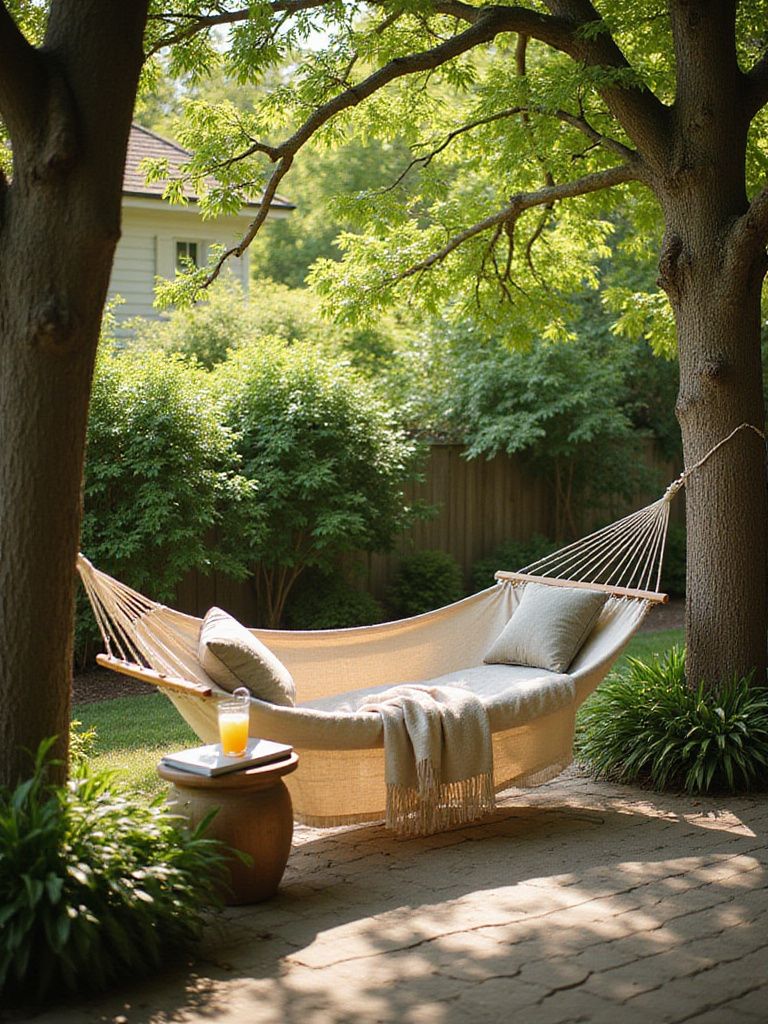 Relaxing fabric hammock hanging between trees on a patio, creating a tranquil outdoor space.