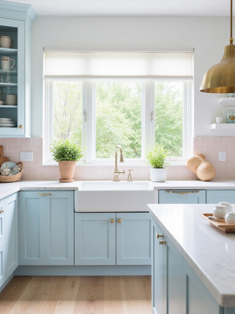 Kitchen with soft blue cabinets, pink backsplash, and white marble countertops in a pastel color scheme.