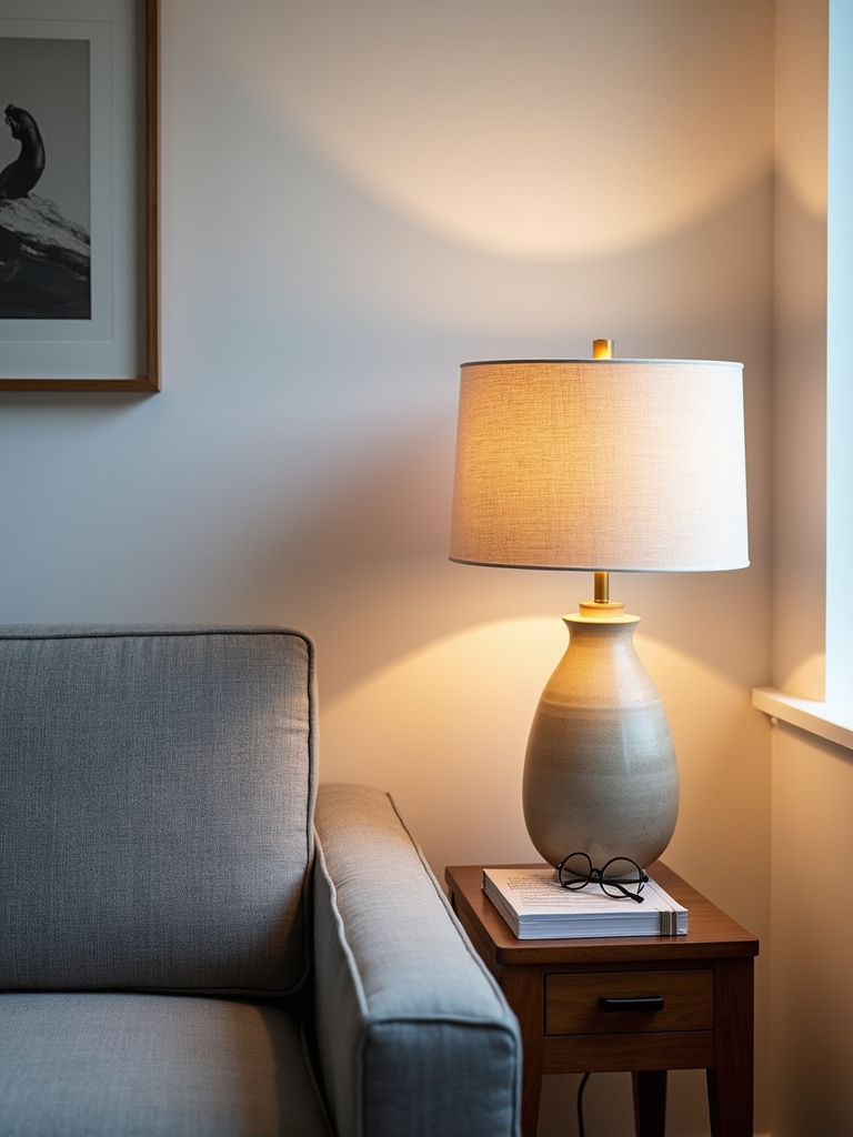 Stylish ceramic table lamp on walnut side table in a modern living room, casting a warm glow.