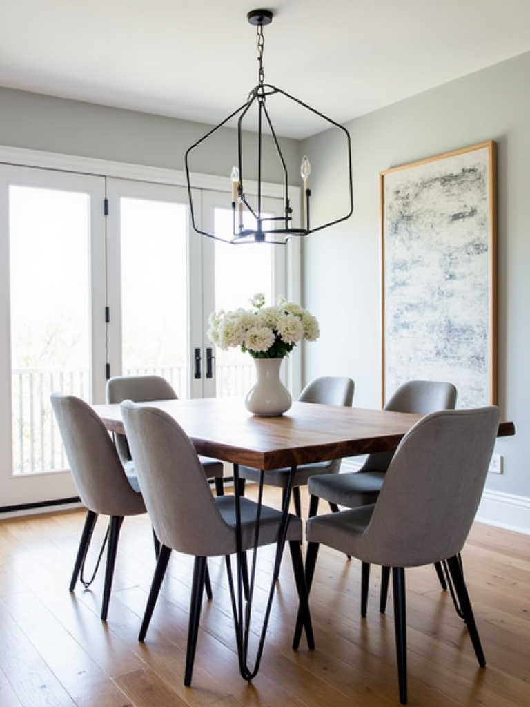Modern dining room featuring a live-edge walnut statement dining table as a centerpiece.
