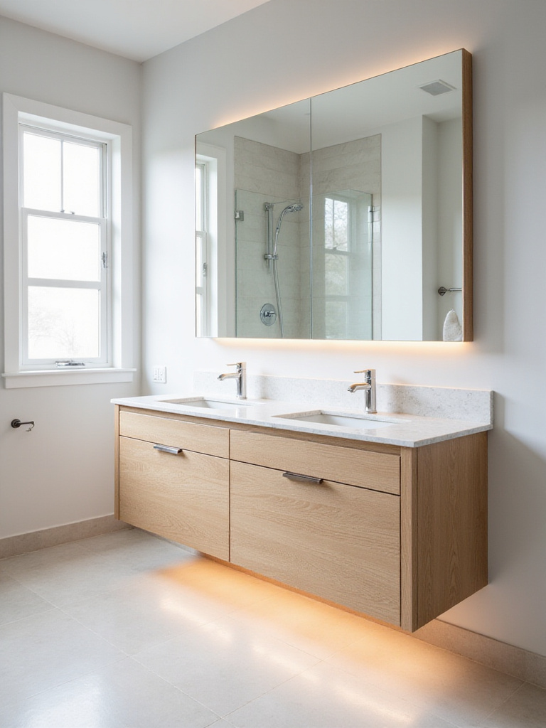 Luxurious bathroom with custom light oak vanity and integrated LED lighting