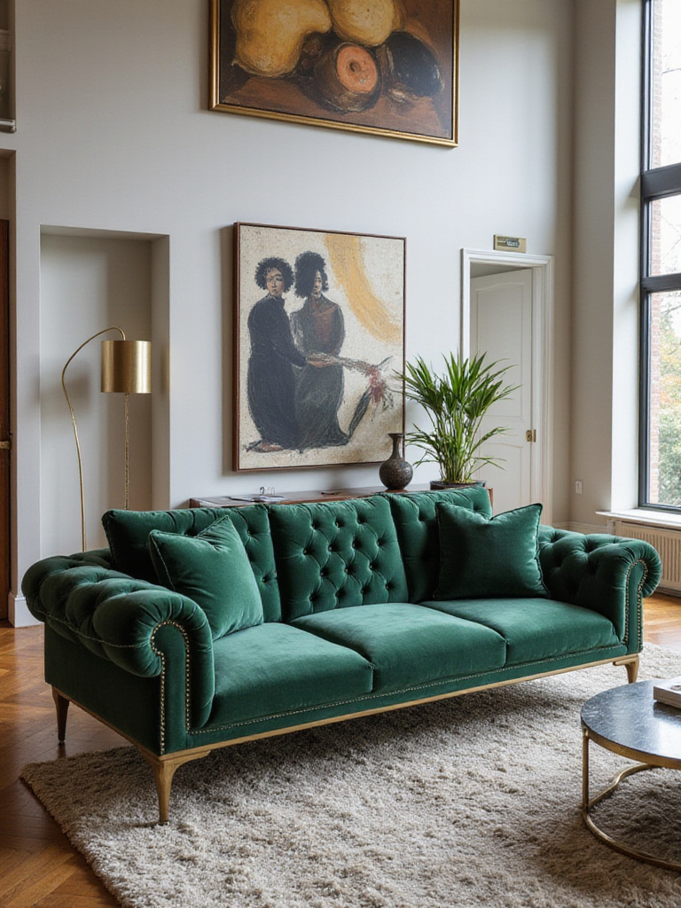 Luxurious living room featuring a custom-made emerald green velvet sofa.