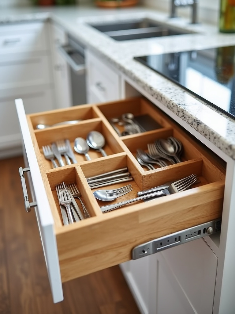 Tiered bamboo drawer organizer neatly storing stainless steel utensils.