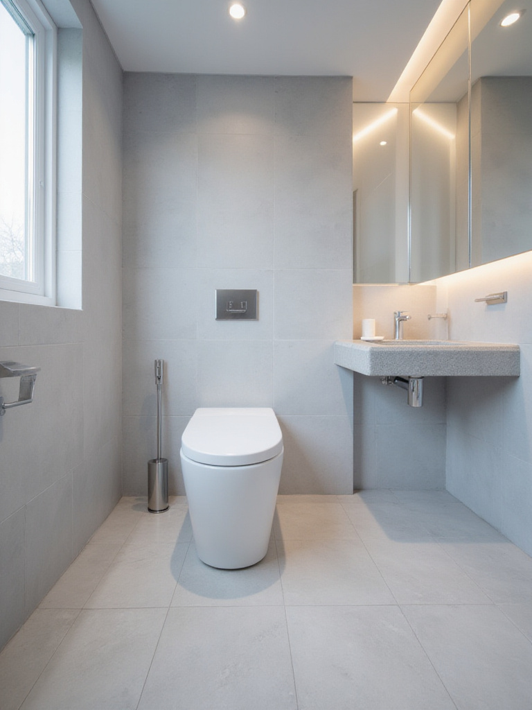 Modern bathroom featuring a sleek white smart toilet with bidet function.