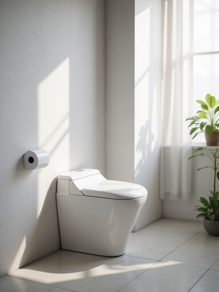 Modern bathroom featuring a white smart toilet with integrated bidet and heated seat.