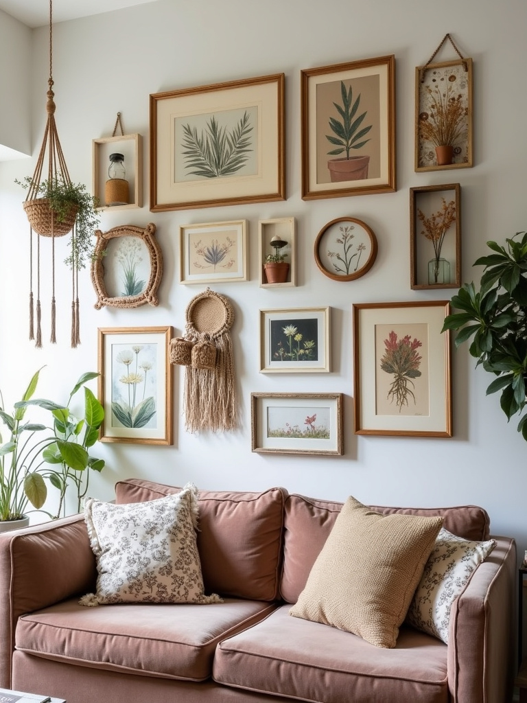 Eclectic boho gallery wall featuring art prints, woven textiles, and vintage objects in a living room
