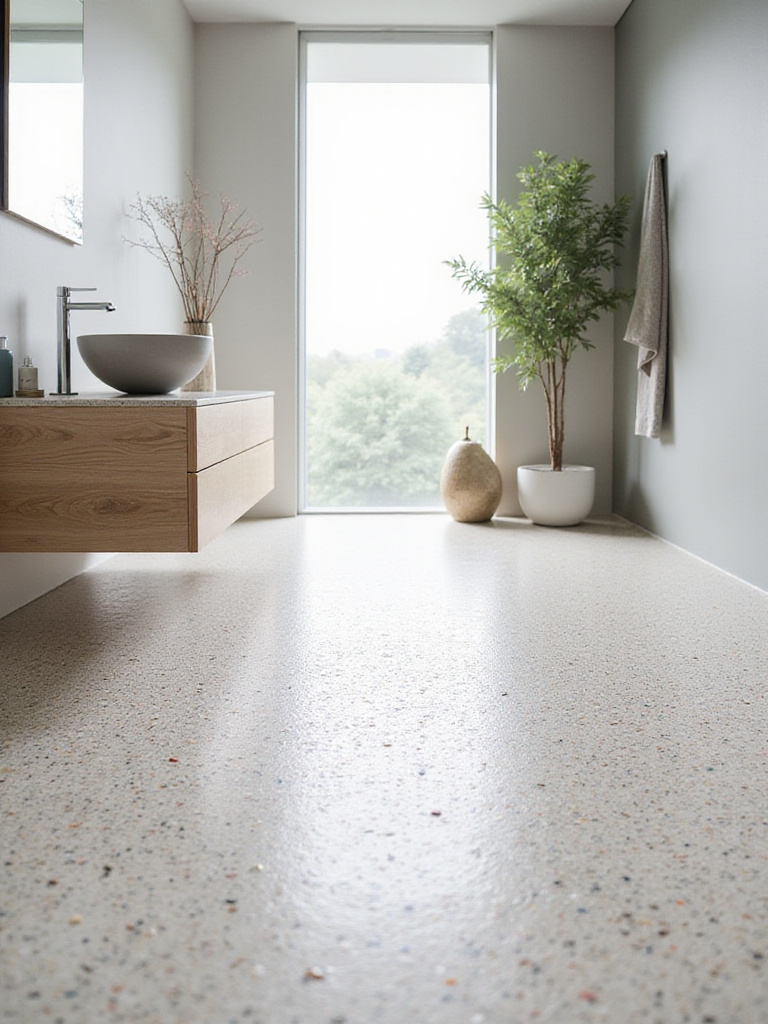 Modern bathroom with light terrazzo flooring featuring colorful aggregate