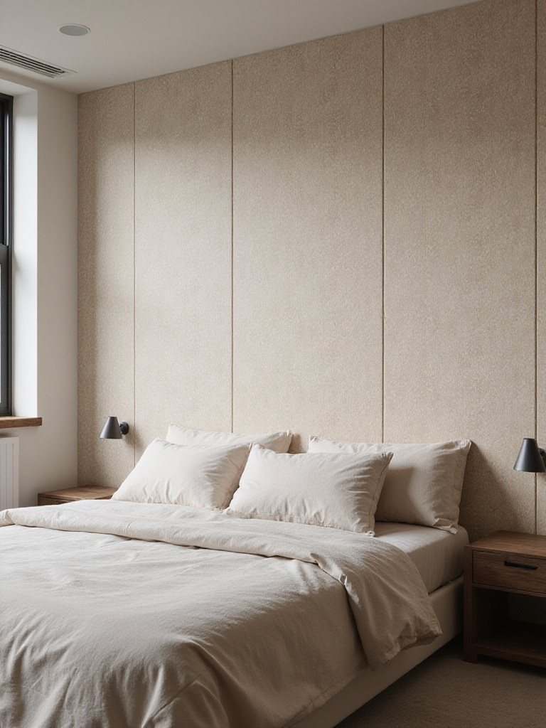 Modern bedroom with light beige textured wallpaper creating depth and visual interest.