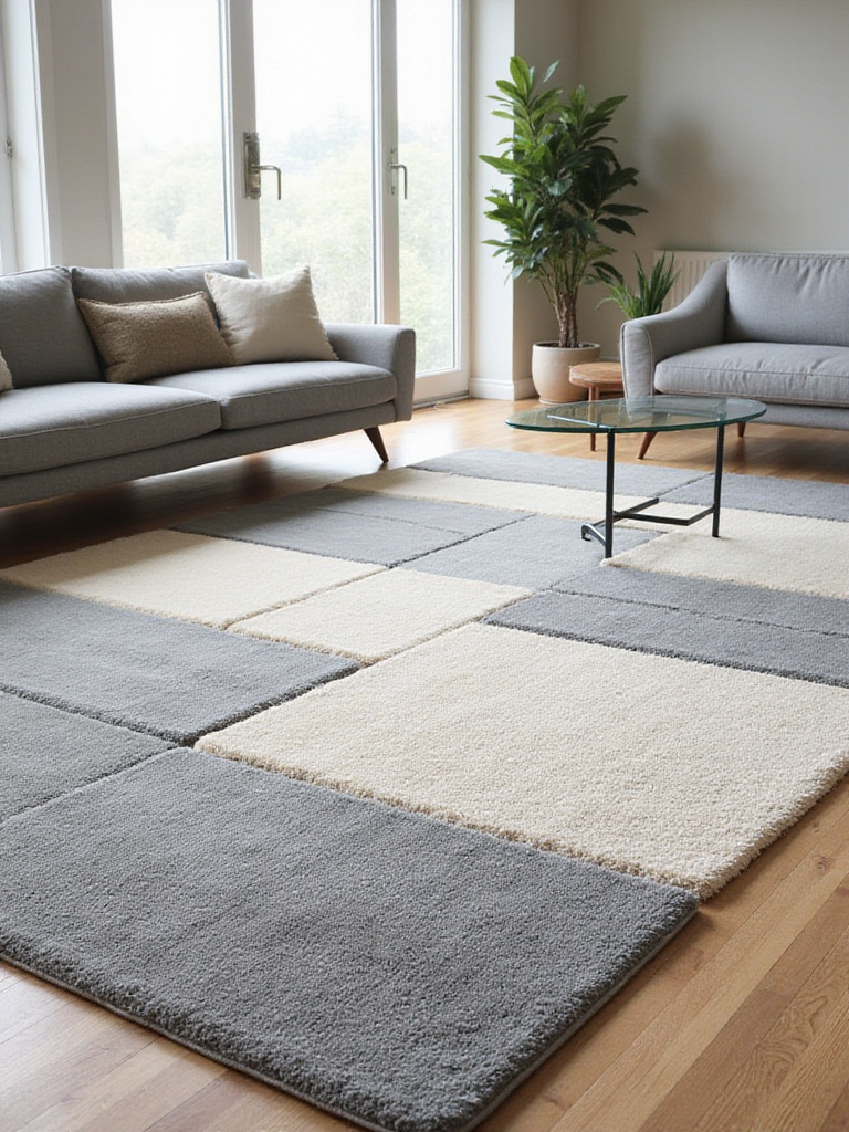 Modern living room with a gray and cream high-low pile rug featuring geometric patterns.