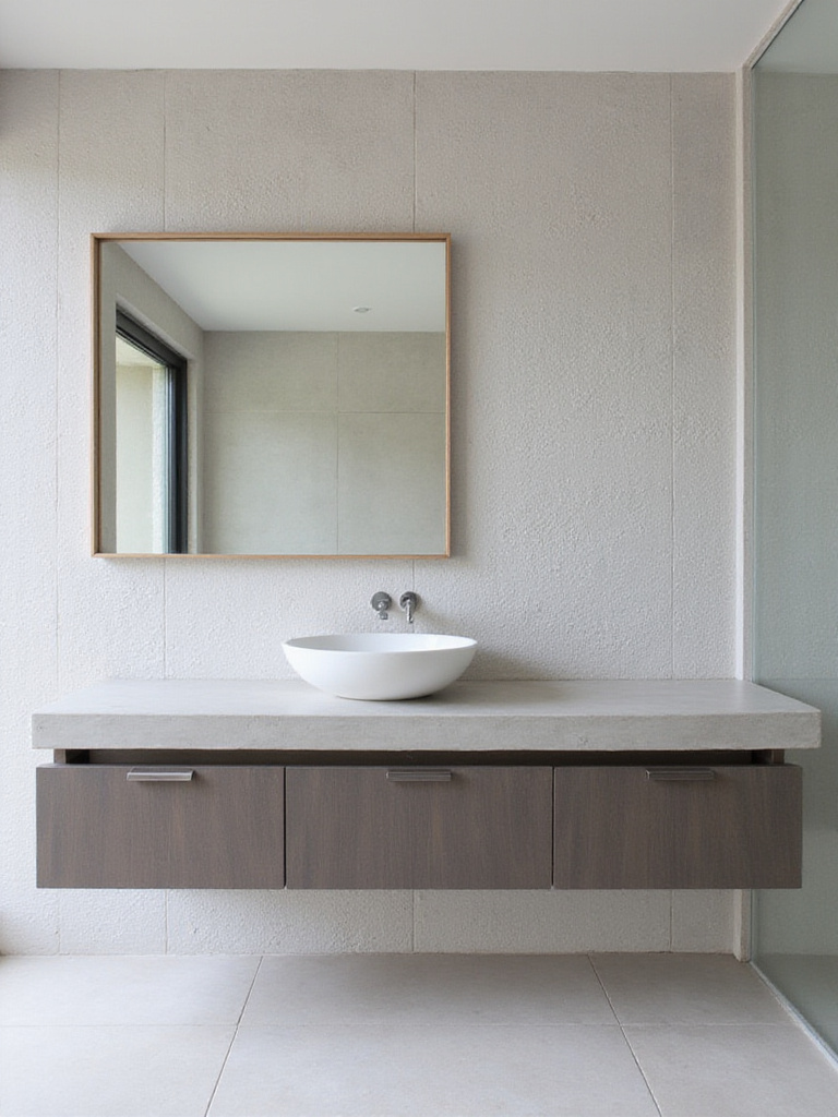 Modern bathroom with textured stone veneer accent wall behind floating vanity