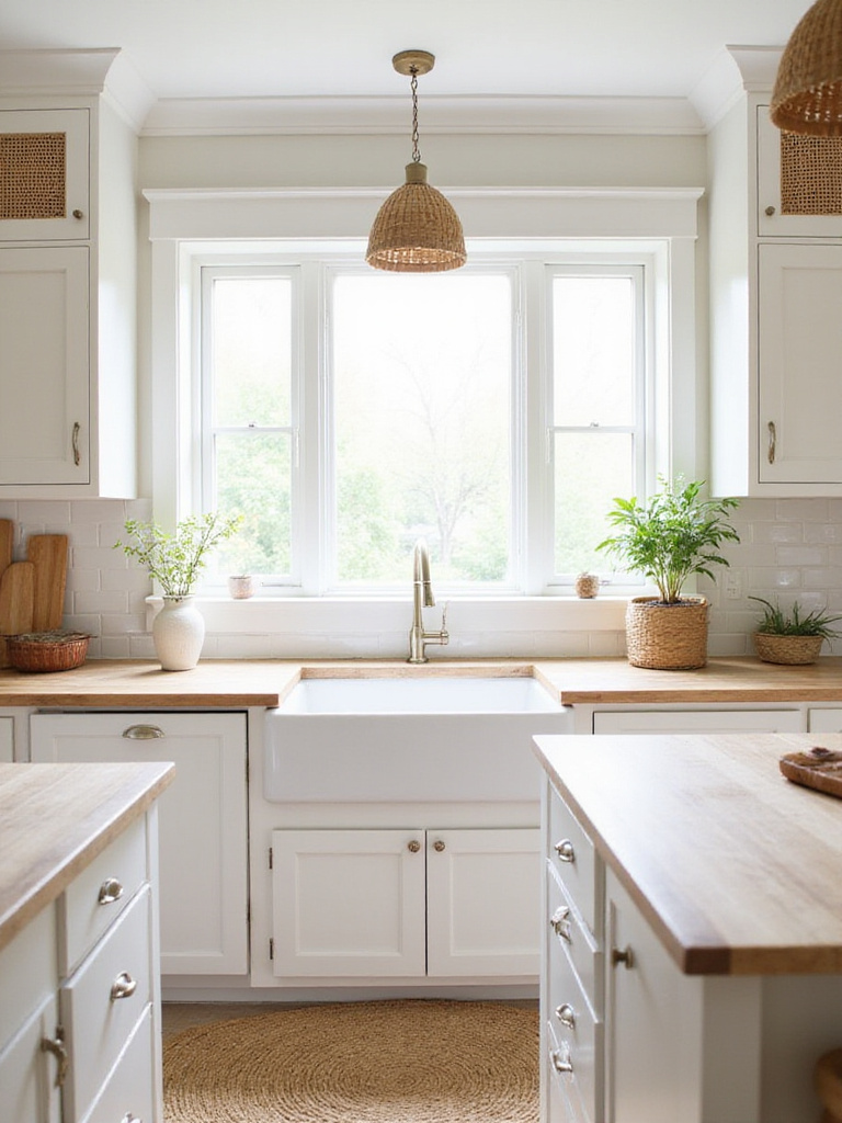 Modern farmhouse kitchen with rattan pendant lights and cane cabinet inserts.