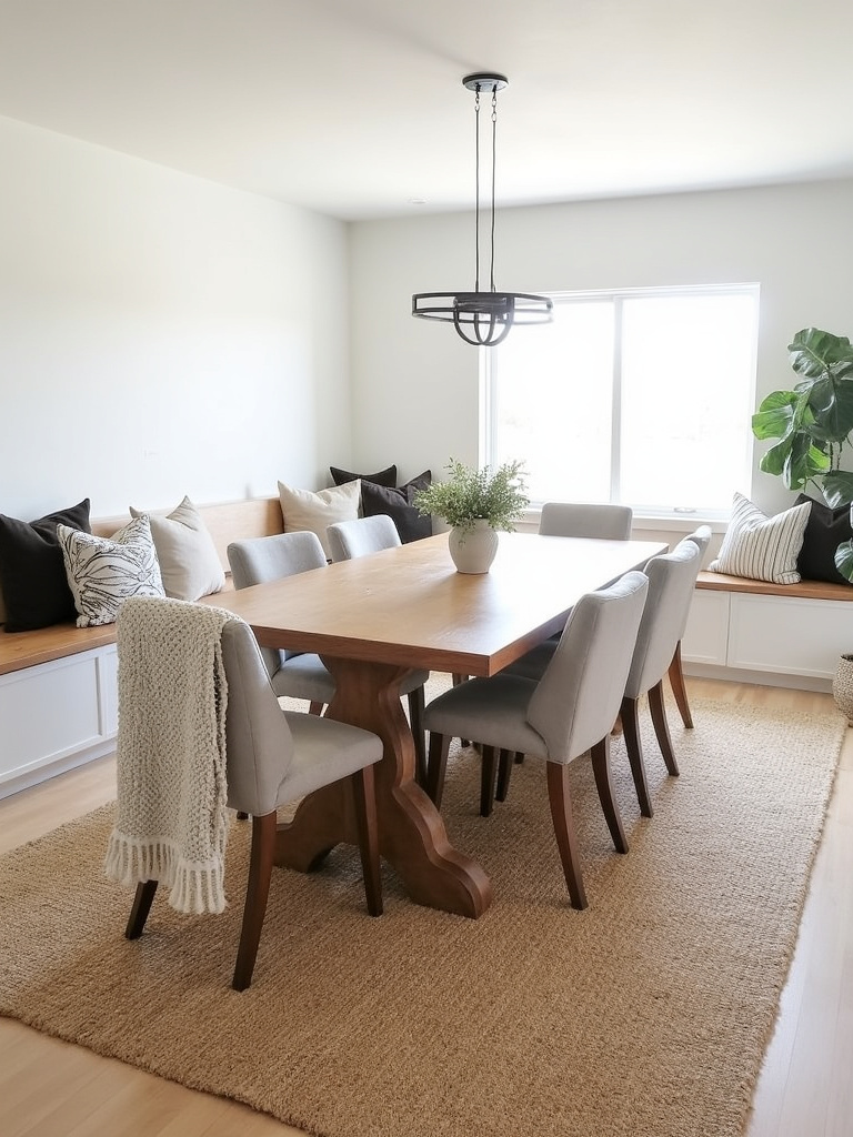 Modern dining room with layered rugs, throws, and cushions for added texture and depth.