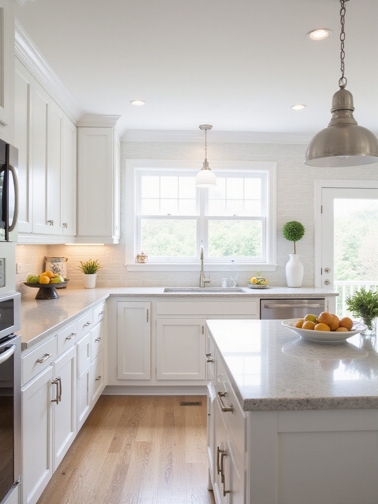 White kitchen with shaker cabinets and wood-grain textured island.