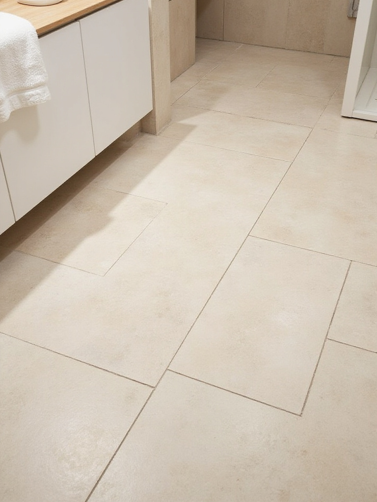 Beige textured stone-look bathroom floor tiles creating a safe and luxurious bathroom space.