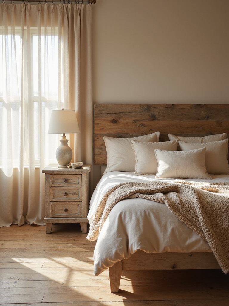 Rustic beige bedroom with reclaimed wood headboard, linen bedding, and natural textures.