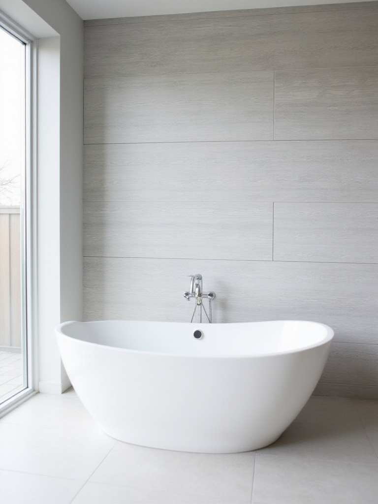 Modern bathroom with light grey shiplap textured accent wall behind a freestanding bathtub