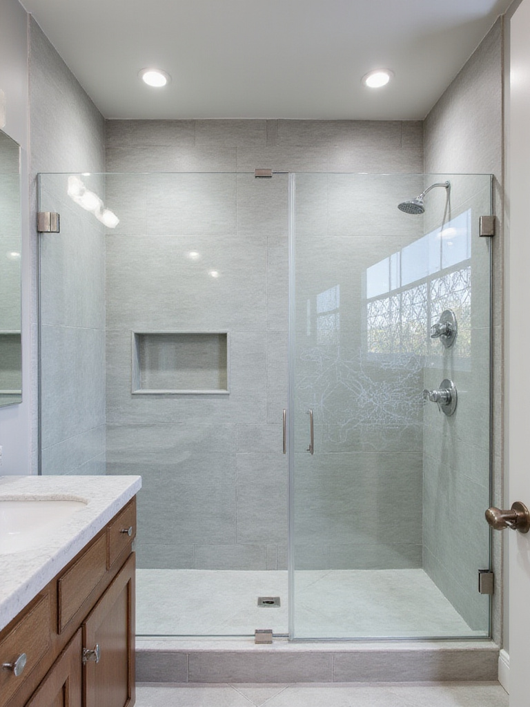 Modern bathroom with a frameless glass shower door featuring a geometric etched pattern.