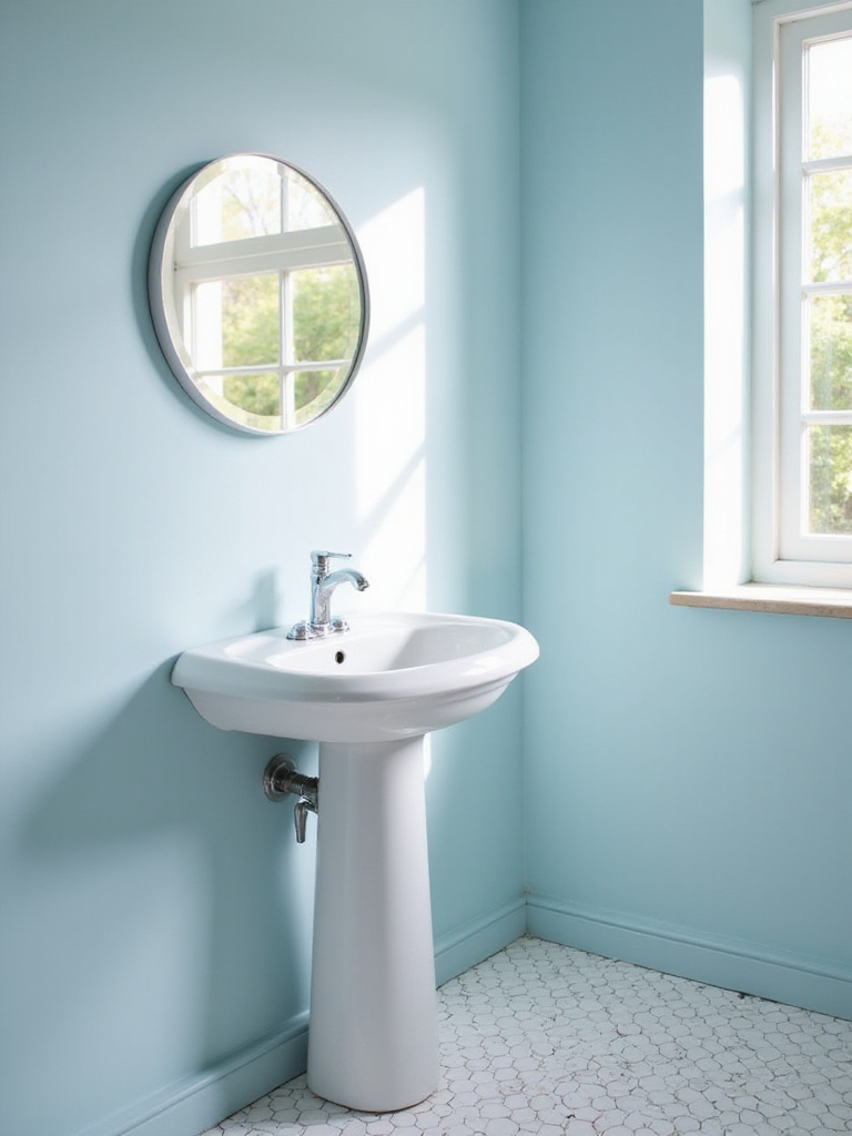 Elegant white pedestal sink in a bright, small bathroom