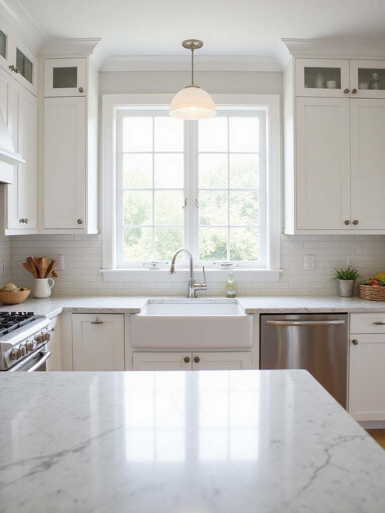 Timeless white kitchen with shaker cabinets, marble countertops, and subway tile backsplash.