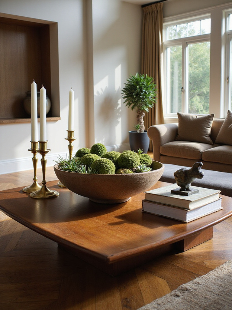 Luxury living room featuring a designer coffee table centerpiece with succulents, candles, and art books.