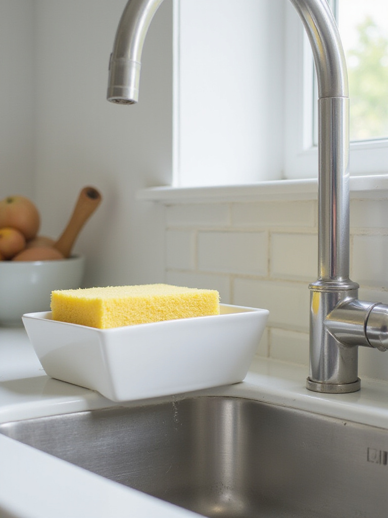 Clean kitchen sink with a white ceramic sponge holder containing a yellow sponge.