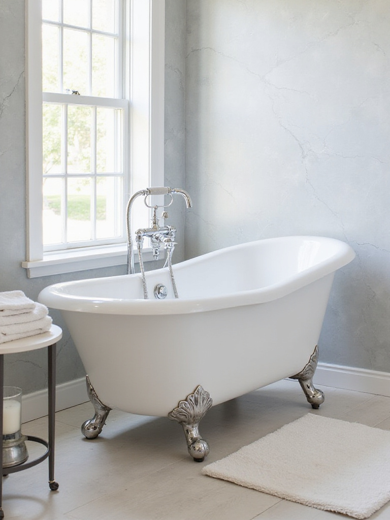 Elegant white clawfoot tub with chrome fixtures in a luxurious bathroom setting.
