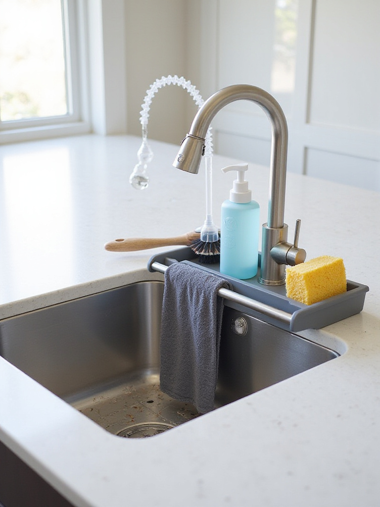 Multi-tasking sink organizer holding dish soap, hand soap, scrub brush, sponge, and dishcloth.