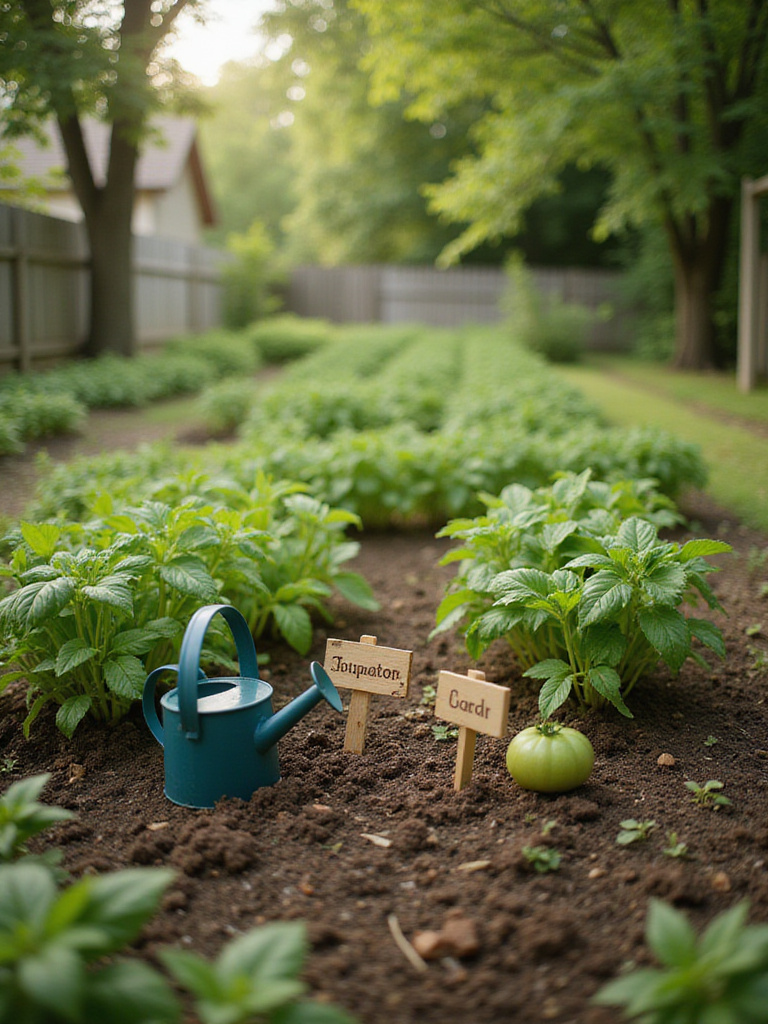 Newly planted backyard garden with young seedlings and wooden signs.