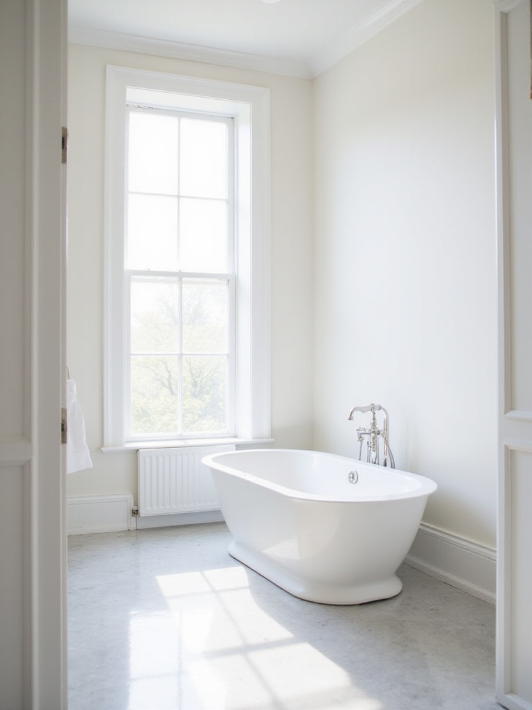 Bright and airy all-white bathroom with freestanding tub and marble floors.