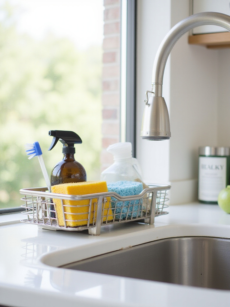 Organized kitchen sink area with stainless steel sink caddy holding sponge, brush, and soap.