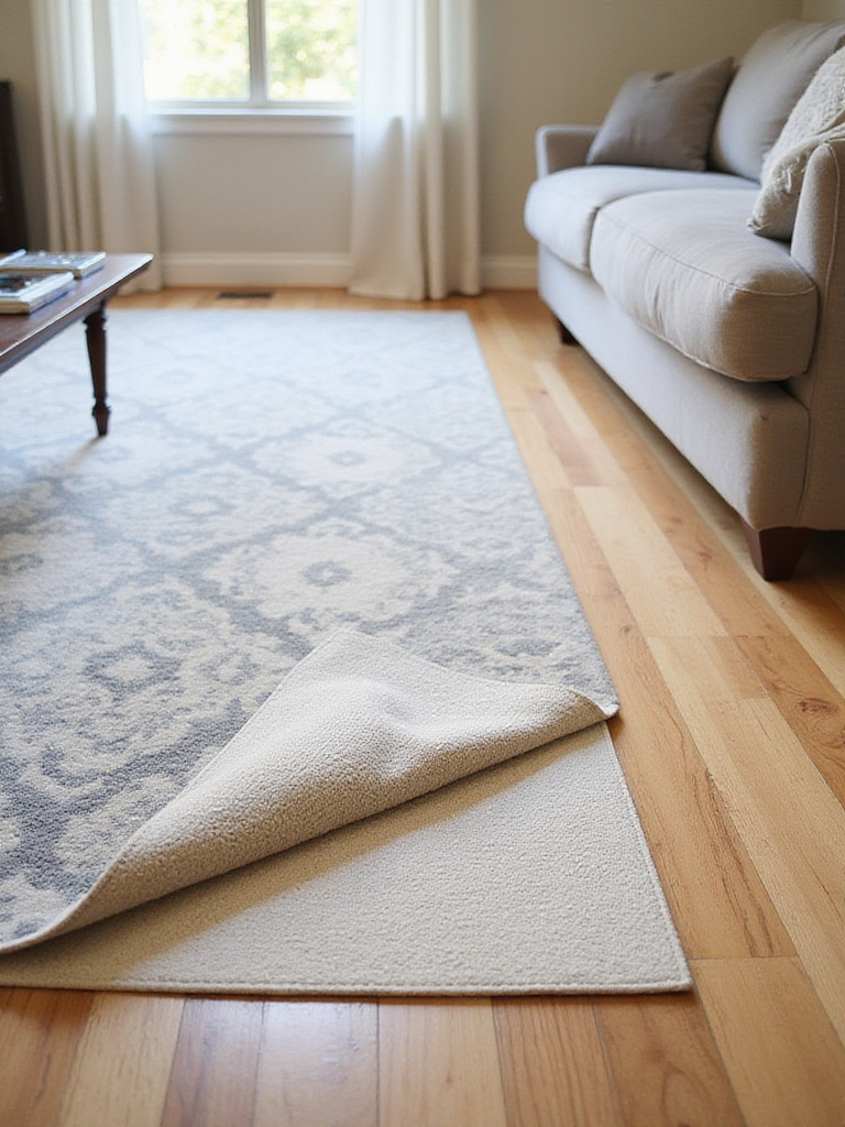 Area rug partially lifted to show a felt and rubber rug pad protecting hardwood floors.