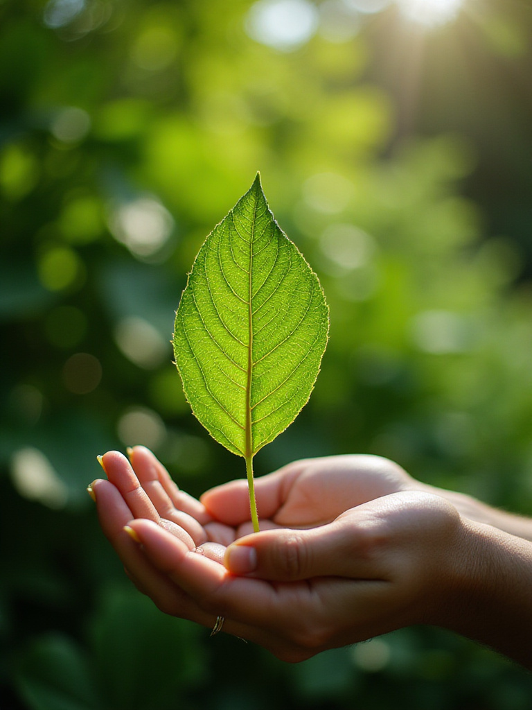 Close up of hands holding a green leaf, representing Green Therapy and stress relief through gardening.