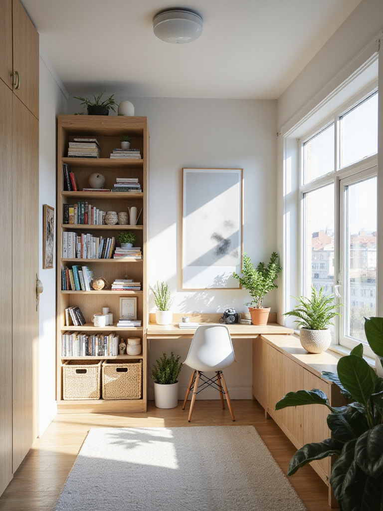 Small, well-organized bedroom with minimalist decor and vertical storage solutions.