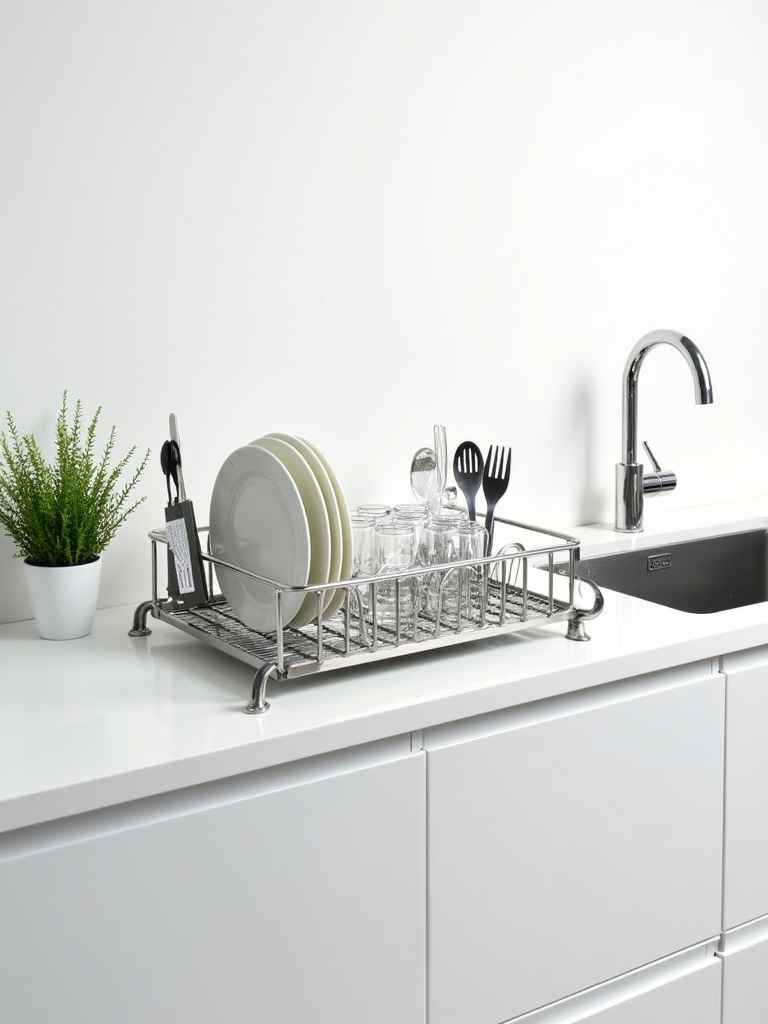 Stylish stainless steel dish rack on a modern kitchen countertop.