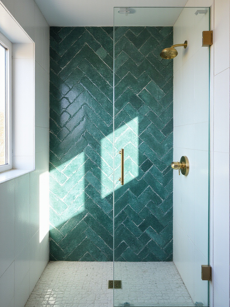 Bathroom shower featuring bold herringbone tile design in teal and emerald green.