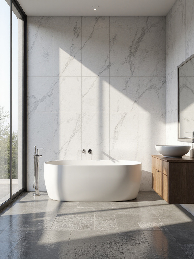 Luxurious modern bathroom with marble-look porcelain tile and slate grey floor