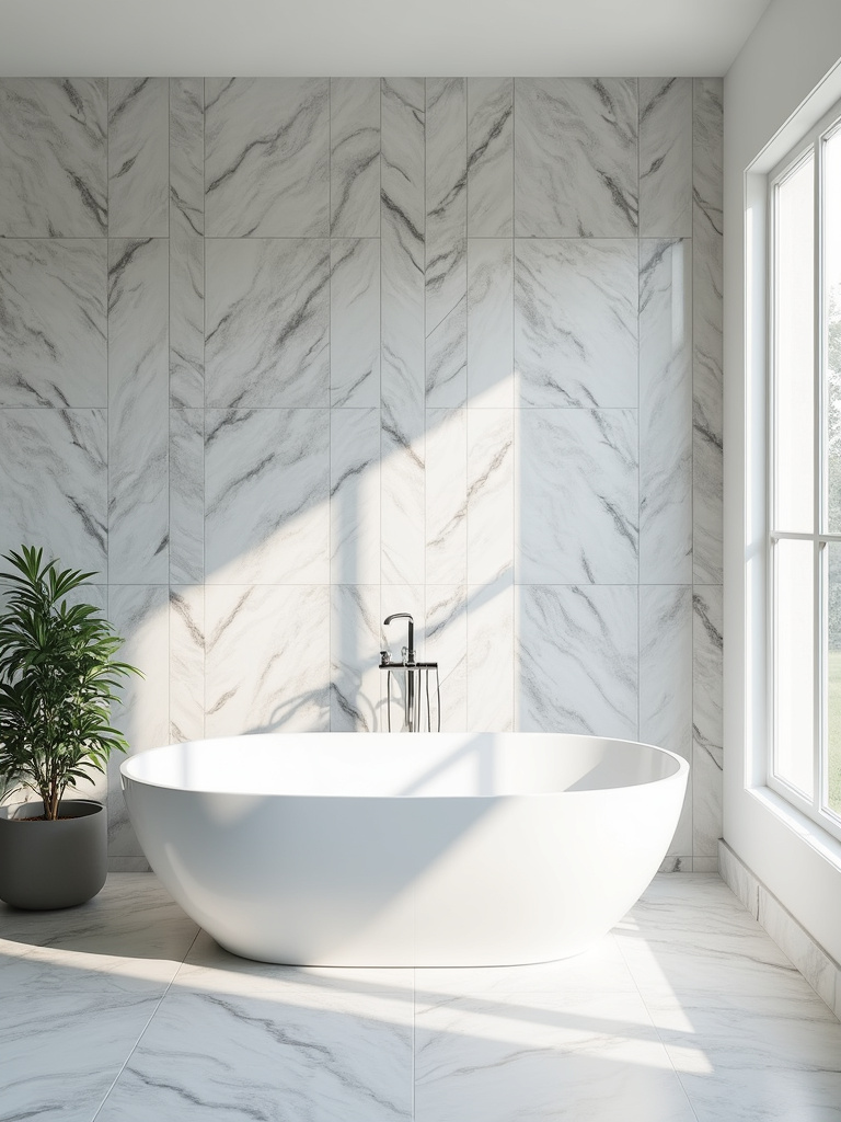 Bathroom with herringbone tile pattern on feature wall