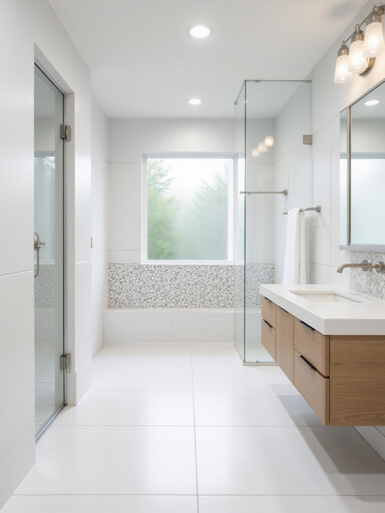 Modern bathroom with large format white tiles and geometric tile accent wall.