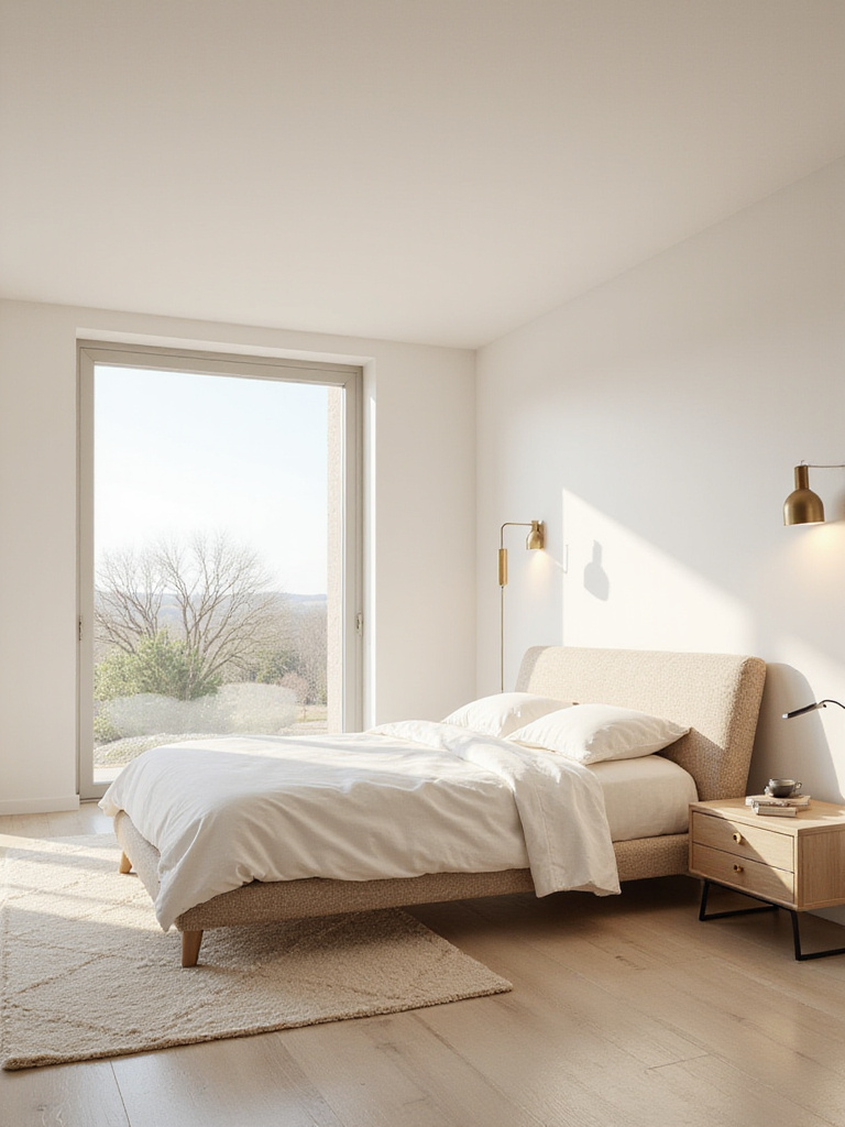 Modern beige bedroom with clean lines, minimalist design, and textured headboard