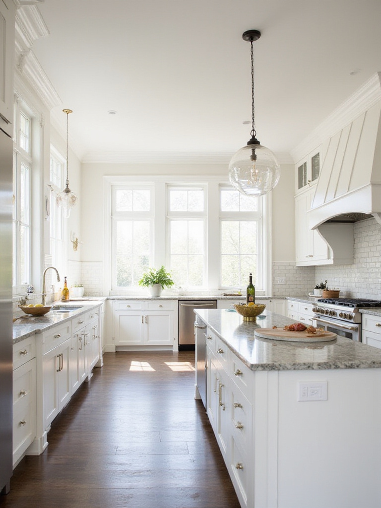 Timeless white kitchen with marble countertops and subway tile backsplash.