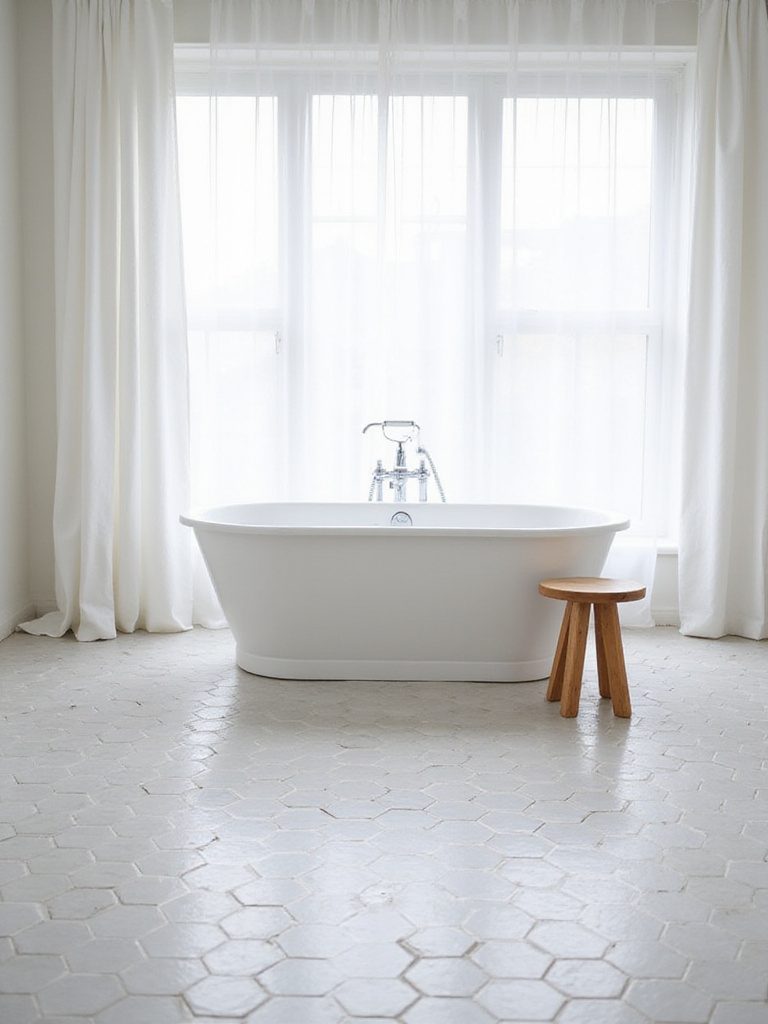 Bathroom with light grey hexagon tile floor, freestanding tub, and natural light.