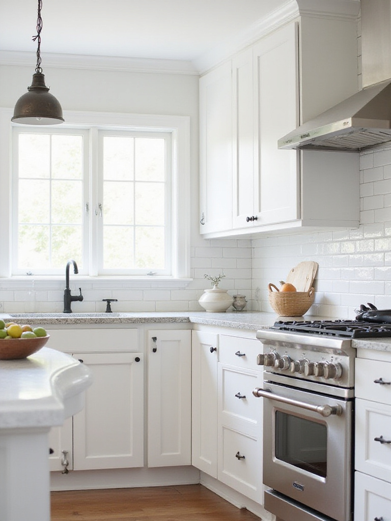 Classic white Shaker kitchen cabinets with light gray granite countertops and subway tile backsplash.