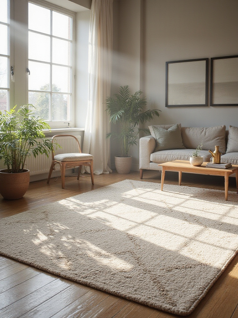 Durable wool rug in a modern living room, designed for high-traffic areas.
