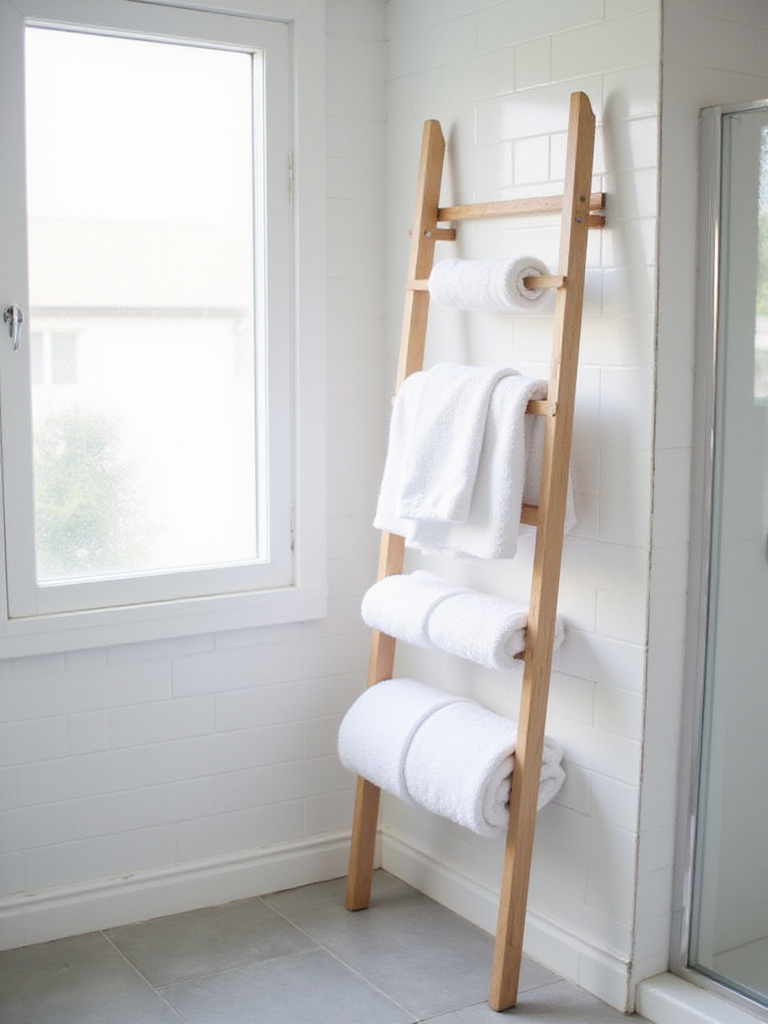 Small bathroom with light wood towel ladder holding neatly folded white towels.